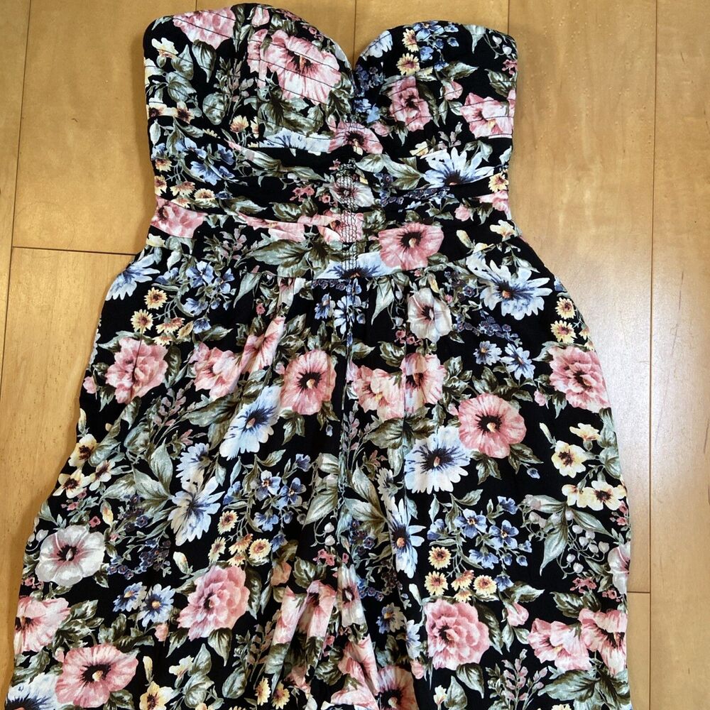 STRAPLESS JUMPSUIT band Of Gypsies Black Floral Print Rayon Pants Size S Pockets